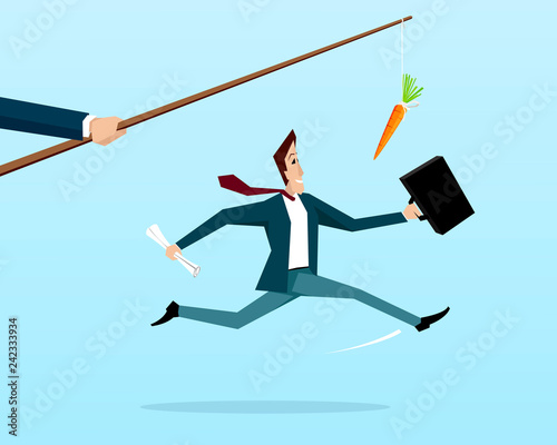 Hand holds a carrot on a stick: Happy man runs to get carrot