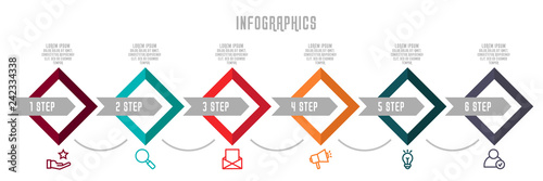 Modern 3D vector illustration. Infographic template with six ments, rhombus, arrows. Timeline step by step. Designed for business, presentations, web design, diagrams, chart, training with 6 steps