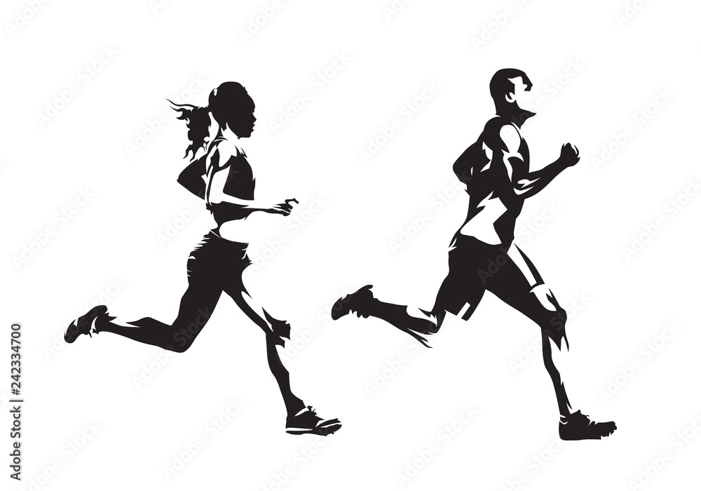 Running man and woman, ink drawings, isolated vector silhouettes. Run, side view