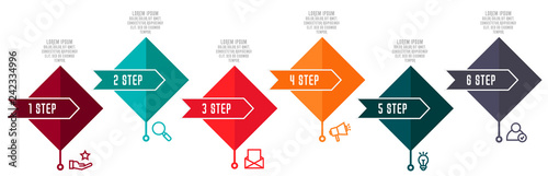 Modern 3D vector illustration. Infographic template with six ments, rhombus, arrows. Timeline step by step. Designed for business, presentations, web design, diagrams, chart, training with 6 steps