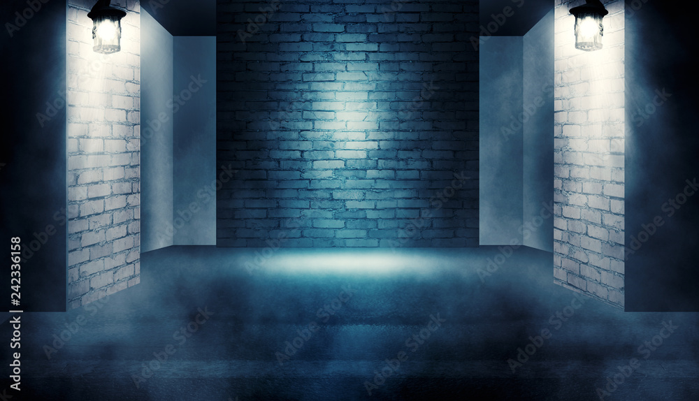 Background of empty dark room with brick walls illuminated by