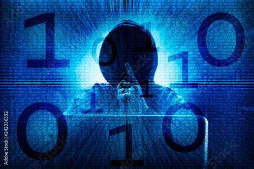Silhouette of a hacker on a background with binary code