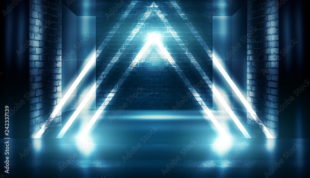 Background of empty dark room with brick walls, illuminated by neon lights with laser beams, smoke Background of empty dark room with brick walls, illuminated by neon lights with laser beams, smoke