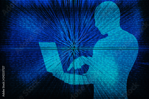 Silhouette of a hacker on a background with binary code