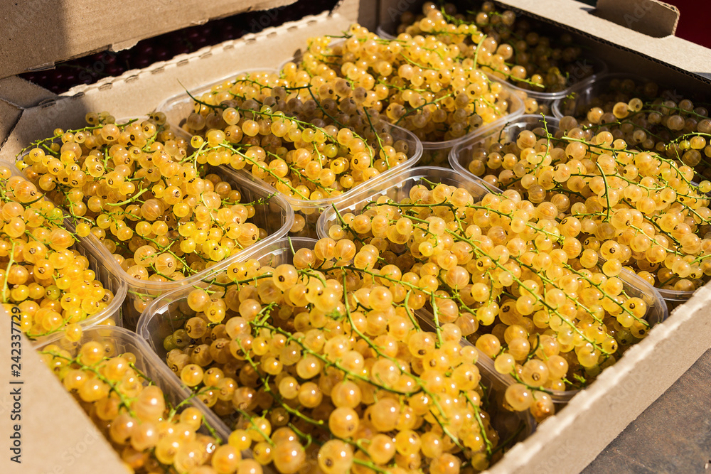 Plastic box is full of fresh yellow currant in farmer market.
