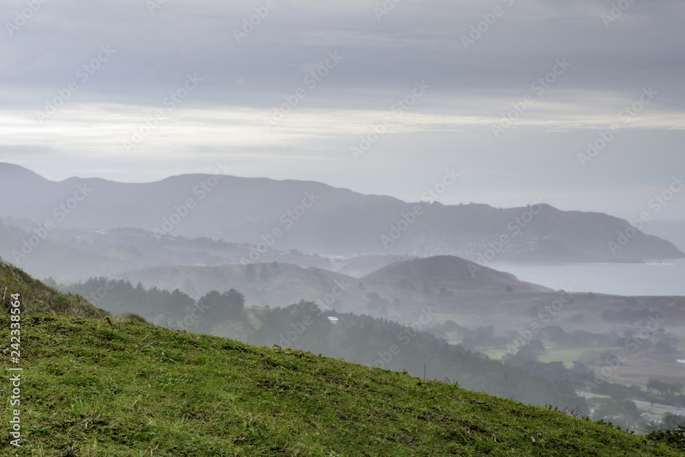 Naklejka premium Coastal views from Milagra Ridge including Pacifica, Mori Point, Sweeney Ridge, and the Pacific Ocean. Pacifica, San Mateo County, California, USA.