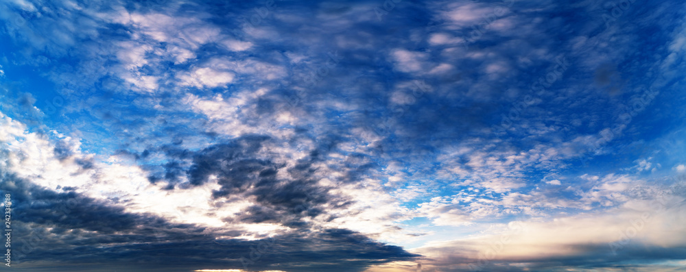 Panorama of the sky during sunset. Nature background of the colorful panorama sky