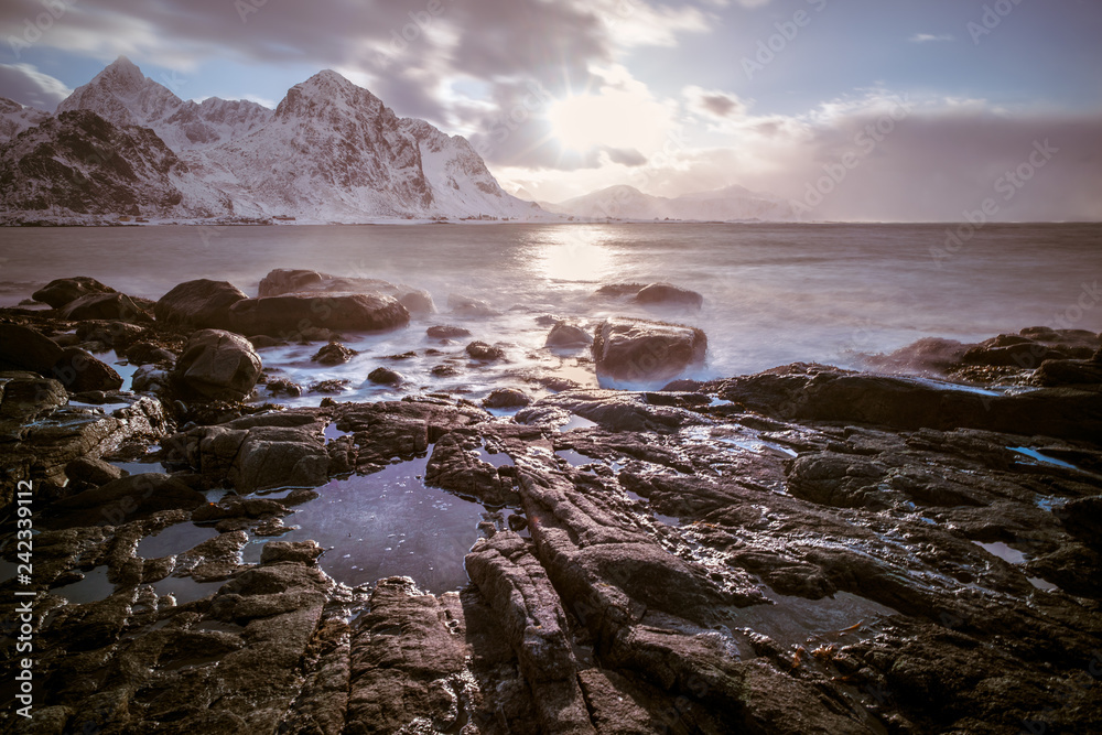 Obraz premium Panorama Of Kvalvika Beach on the Lofoten Islands,