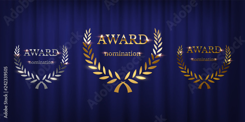 Golden, silver and bronze award signs with laurel wreath isolated on blue curtain background. Vector award design templates.
