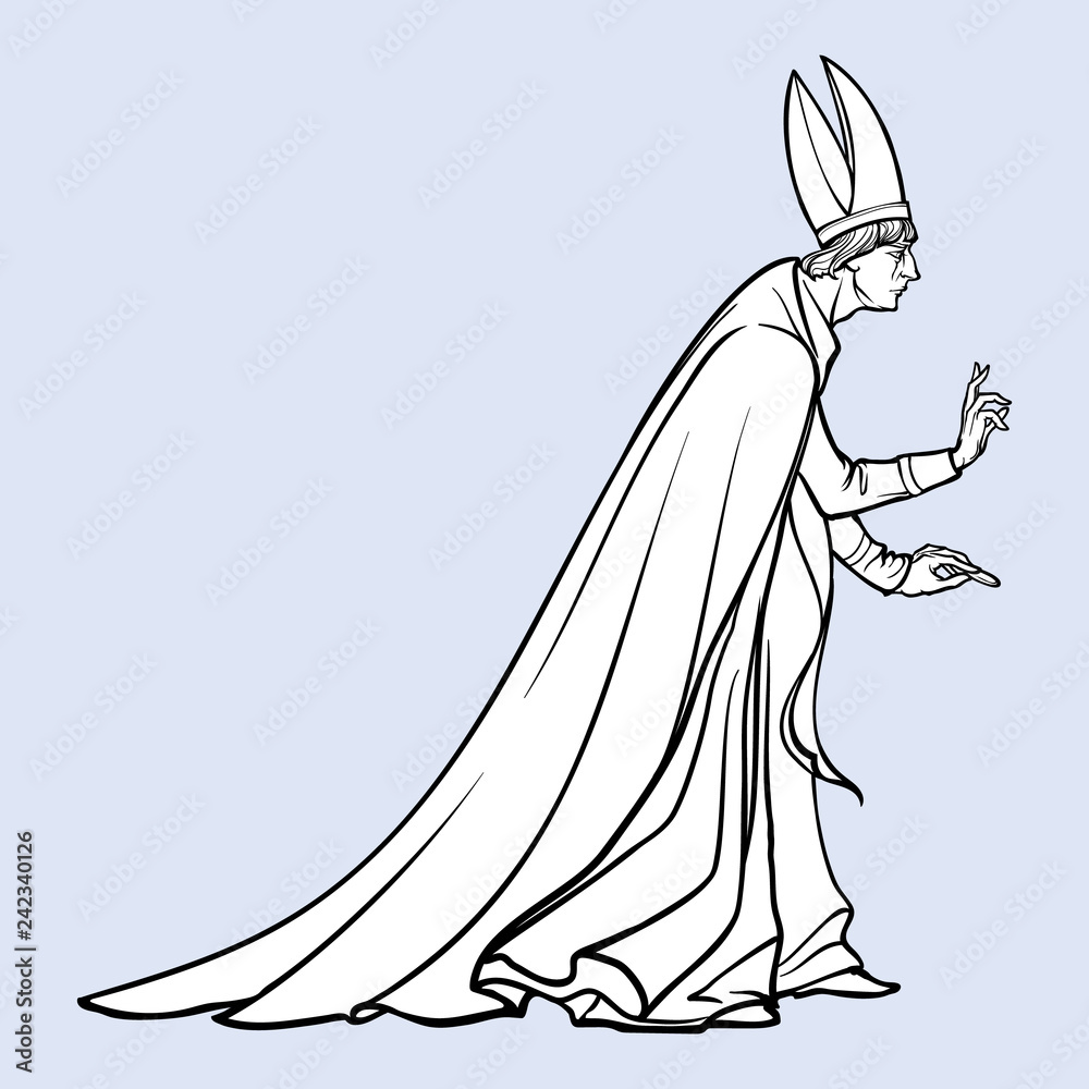 High rank catholic priest with blessing gesture. Medieval gothic style