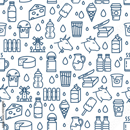 Milk Dairy Products Signs Seamless Pattern Background on a White. Vector