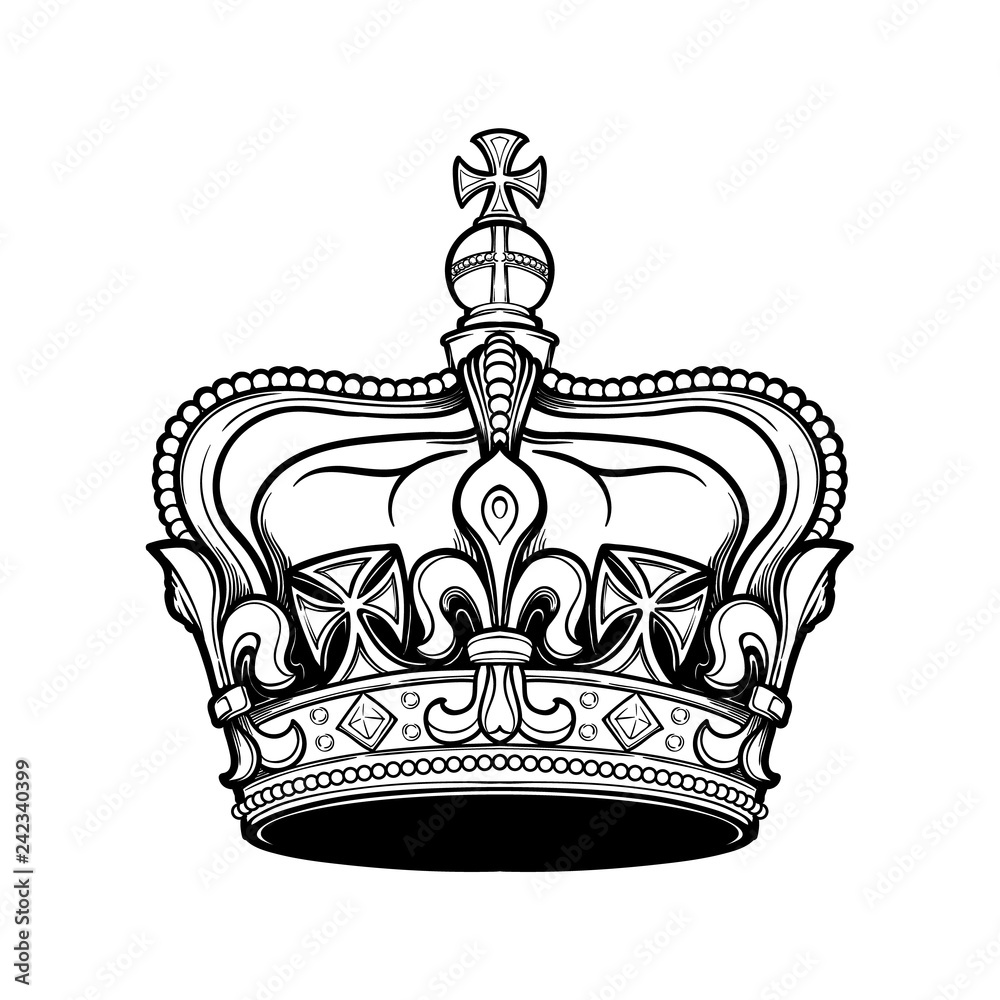 Filigree high detailed British imperial crown. Element for design logo, emblem and tattoo. Vector illustration isolated on white background Coloring book for kids and adults. EPS10 vector illustration Filigree high detailed British imperial crown. Element for design logo, emblem and tattoo. Vector illustration isolated on white background Coloring book for kids and adults. EPS10 vector illustration