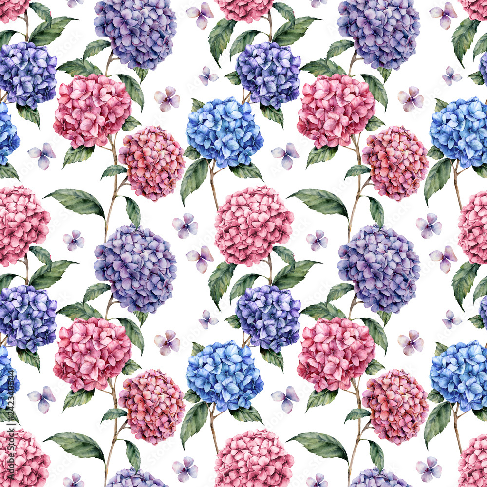 Fototapeta Hortensja akwarela bezszwowe wzór. Ręcznie malowane niebieskie, fioletowe, różowe kwiaty z liści i gałęzi na białym tle. Ilustracja botaniczna natury do projektowania, drukowania, tkaniny