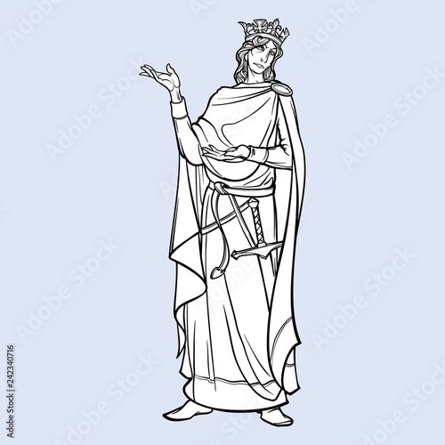Medieval king with a characteristic gothic slouching posture. Medieval gothic style concept art. Design element. Black a nd white drawing isolated on grey background. EPS10 vector illustration