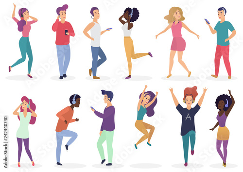 Diverse people dancing and listening music with headphones. Cartoon young guys and girls in casual clothes with audio players vector Illustration set.