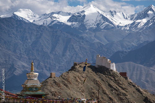Tsemo Maitreya temple with Great Himalayas at background in Leh, Ladakh, India