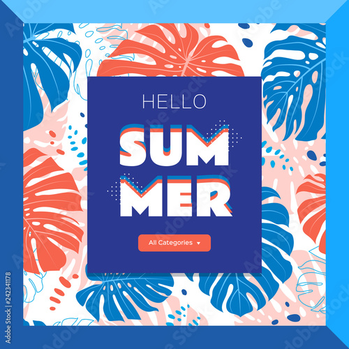 Hello summer web banner, Tropical leaves background. Vector flat illustration
