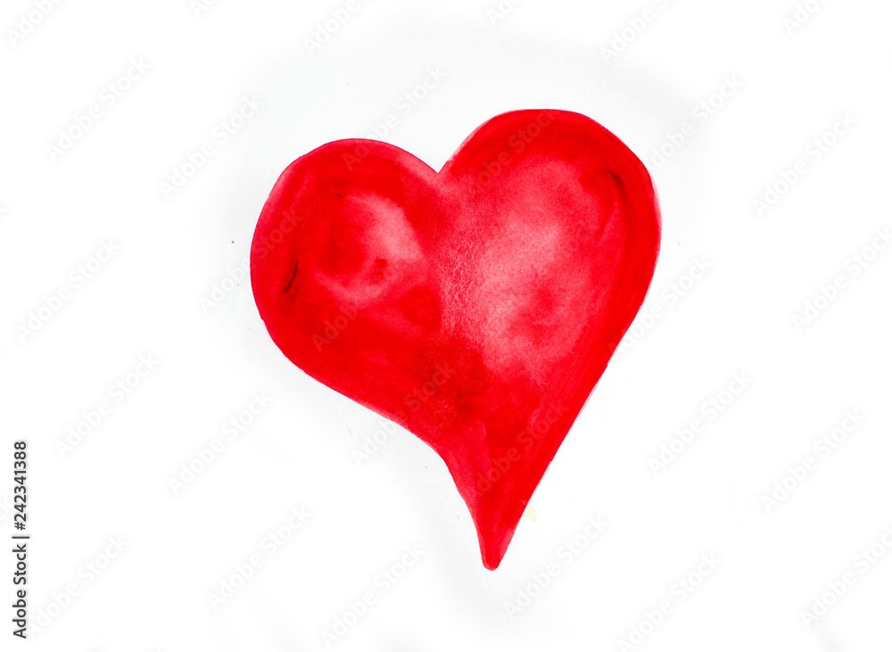 Watercolor red heart icon with splash closeup isolated on white background. Valentines day holiday card.