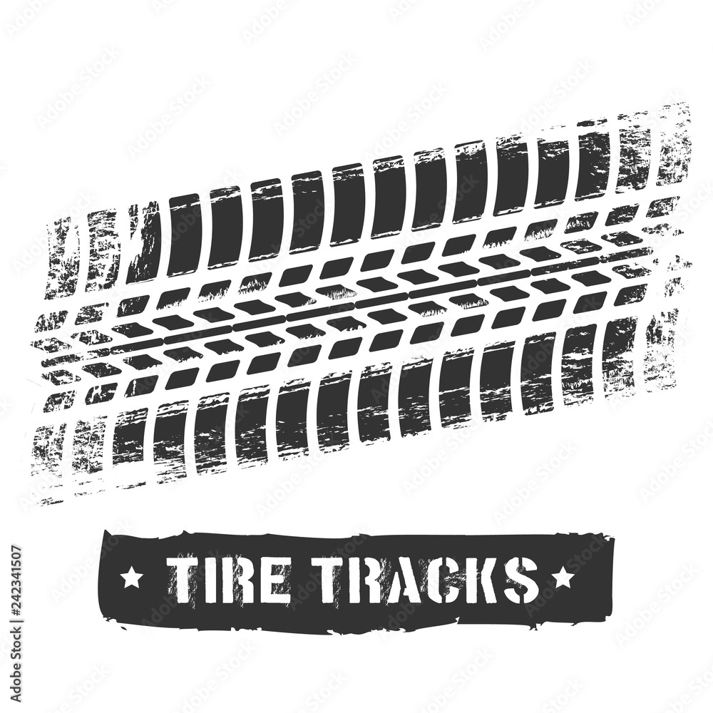 Tire track print. Car or motorcycle tread design, dirty road rubber