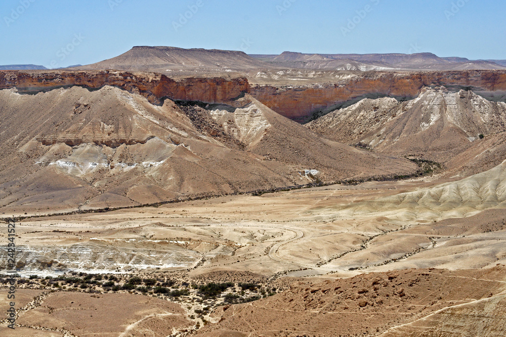 Picturesque Negev desert of southern Israel in summer. Melange of brown, rocky, dusty mountains interrupted by wadis (dry riverbeds), deep craters