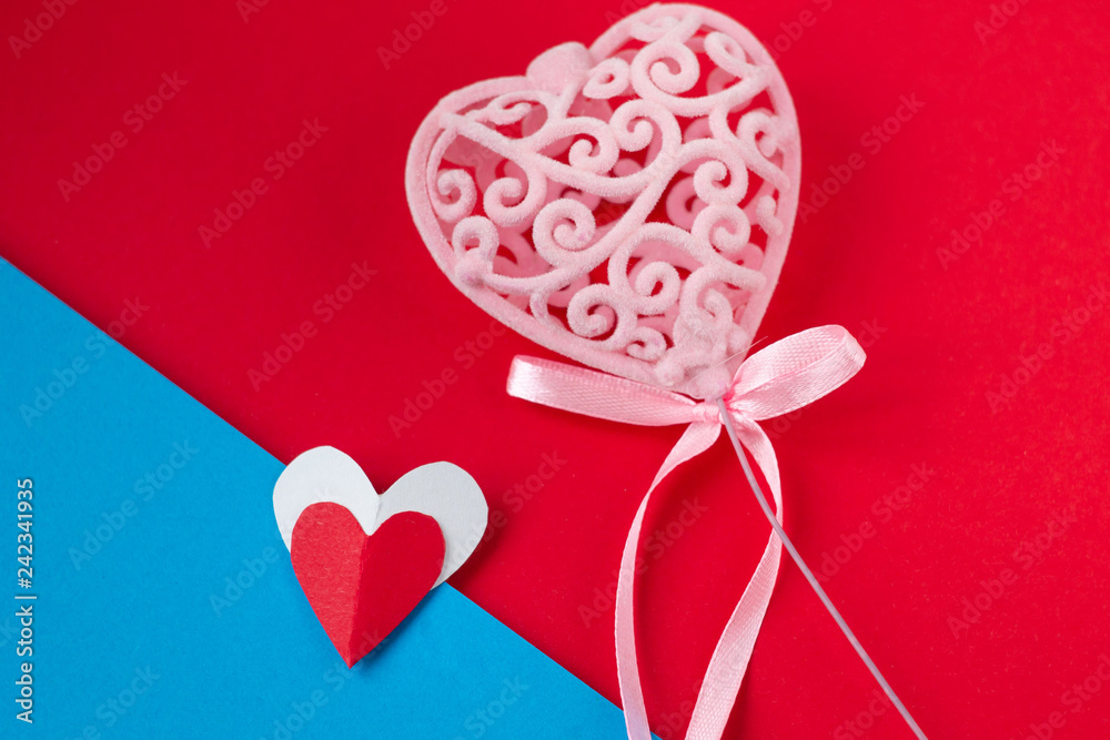 Valentine's day background.symbol of love.white heart on red-blue background. eighth of March.space for text