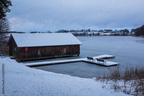 Zabinki lake at winter near Kruklanki, Masuria, Poland photo