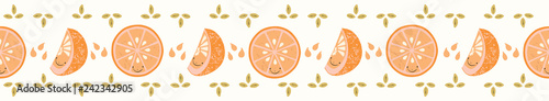 Cute orange citrus fruit cartoon with glass slice and segment. Hand drawn seamless vector border illustration. Smiling face kawaii character for healthy freshly squeezed vitamin drink banner ribbon.