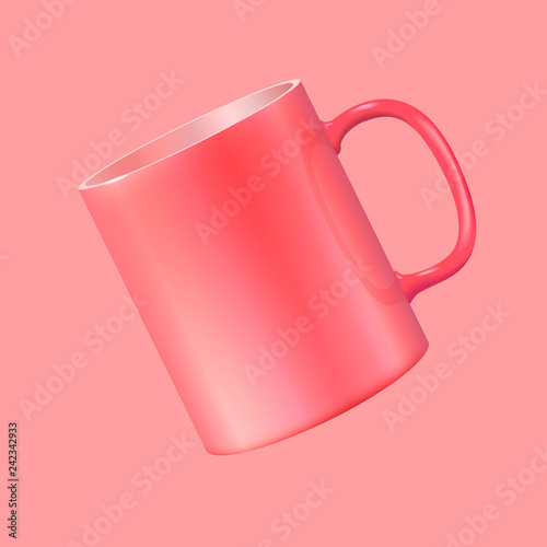 Tea cup hanging in the air. Realistic vector 3d illustration. Living Coral color 2019