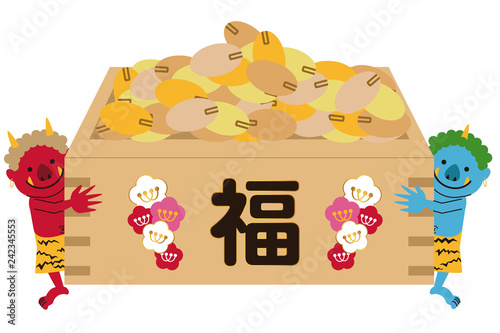 節分　赤鬼青鬼がマスに入った豆を運ぶ