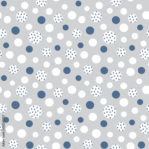 Seamless vector geometric background with textured polka dots in navy blue, gray and white. Fresh subtle modern pattern for textiles, cards, gift wrapping paper, wallpapers.