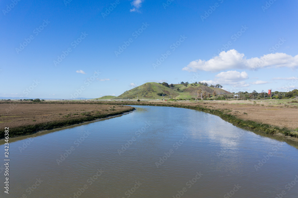 View towards Coyote Hills Regional Park, Don Edwards wildlife refuge, Fremont, San Francisco bay area, California