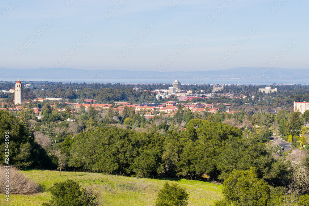 View towards Stanford campus and Hoover tower, Palo Alto and Silicon Valley from the Stanford dish hills, California