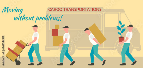 vector illustration group of movers carry boxes to truck, moving new house, moving office, courier delivery