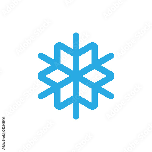 Snowflake icon. Blue silhouette snow flake sign, isolated on white background. Flat design. Symbol of winter, frozen, Christmas, New Year holiday. Graphic element decoration. Vector illustration