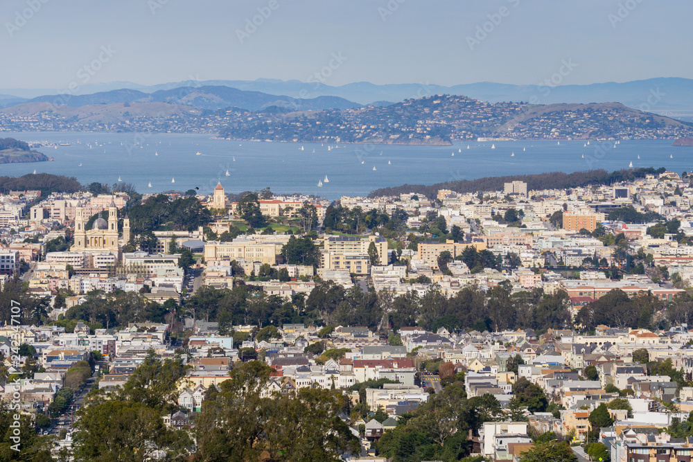 View towards Pacific Heights and Marina District neighborhoods; San Francisco bay and Belvedere in the background, San Francisco, California