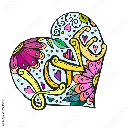 Doodle heart with flowers and love inscription