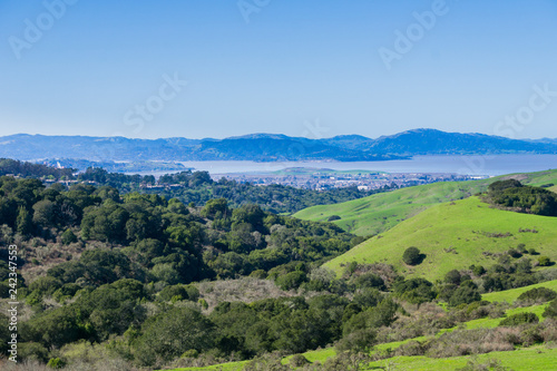 View towards San Pablo bay from Wildcat Canyon Regional Park, East San Francisco bay, Contra Costa county; Marin County in the background, California