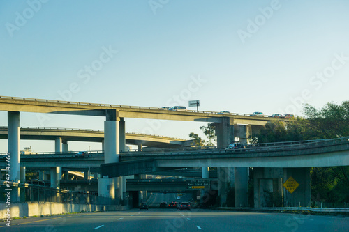 Freeway multilevel junction at sunset, California