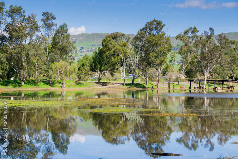 Landscape in Cunningham Lake; mountains in the background, San Jose, south San Francisco bay, California