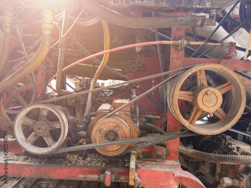 Close-up of detail of the mechanics of an industrial machine combine harvesters, Rotary combine harvester, Agricultural machinery. The machine for harvesting grain crops.