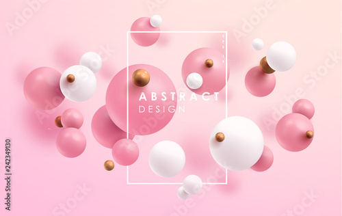 Horizontal gold, pink and white 3D balls. Mimimalistic, modern, trend design. Pastel colors. Matte and glossy texture. Vector illustration. Abstract modern design. eps 10
