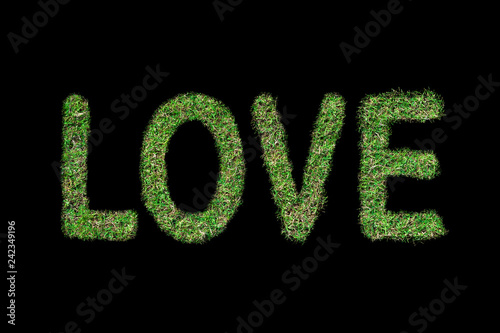 Love text with green grass growing on Isolated on black.Love concept