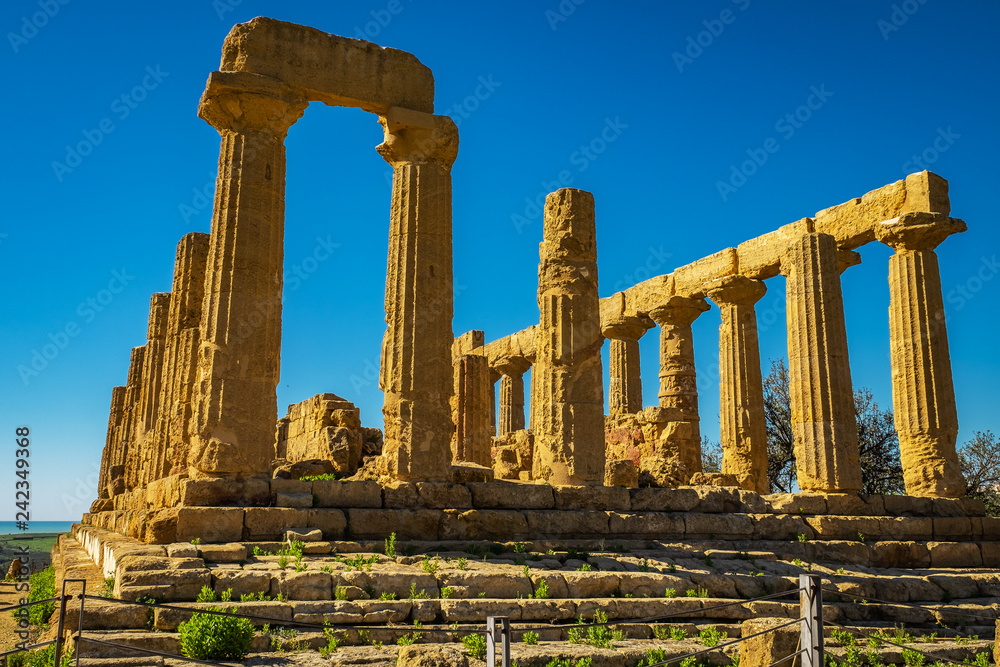 Ruined Temple of Heracles columns in ancient Valley of Temples, Agrigento, Sicily, Italy.