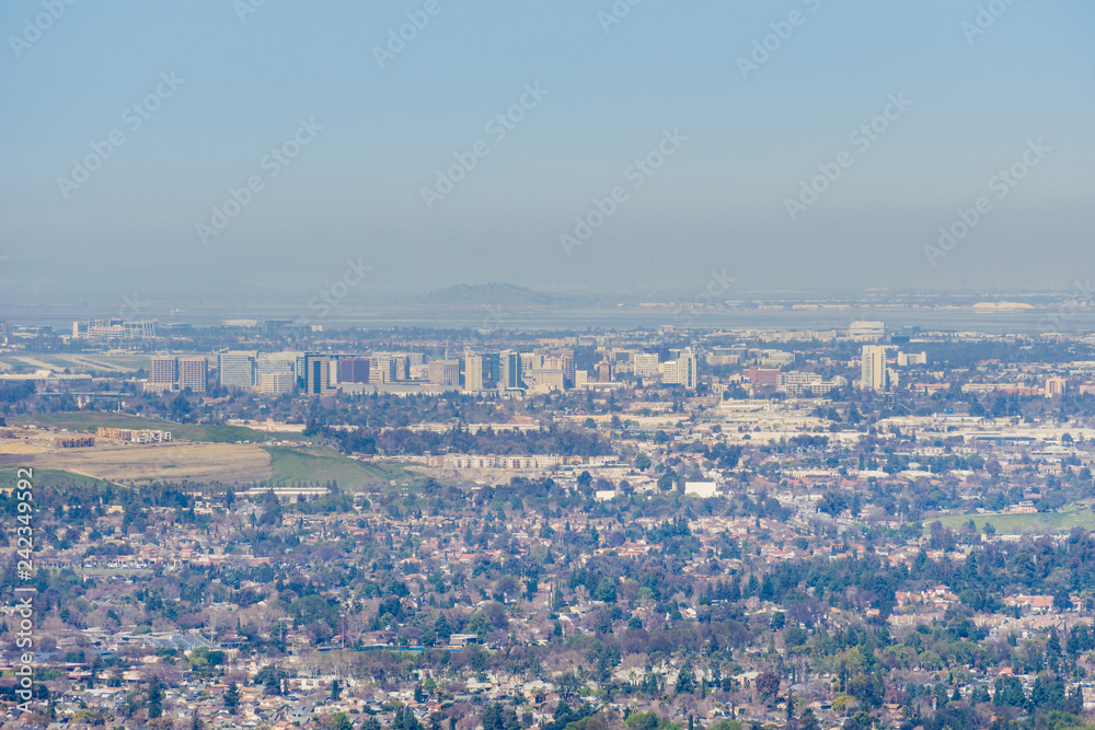 Aerial view of downtown San Jose on a clear day, south San Francisco bay, California