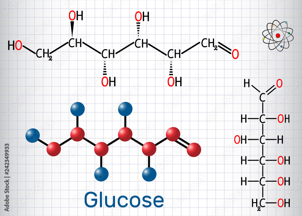 Glucose (dextrose, D-glucose) molecule. Linear form. Sheet of paper in a cage. Structural chemical formula and molecule model Glucose (dextrose, D-glucose) molecule. Linear form. Sheet of paper in a cage. Structural chemical formula and molecule model