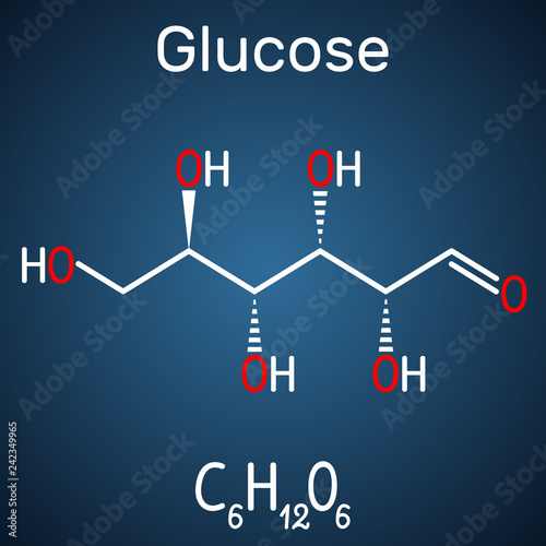 Glucose (dextrose, D-glucose) molecule. Linear form. Structural chemical formula on the dark blue background