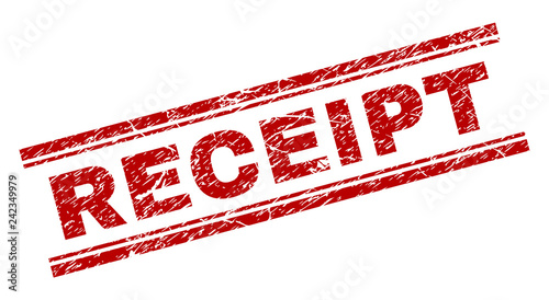 RECEIPT seal print with corroded texture. Red vector rubber print of RECEIPT tag with unclean texture. Text tag is placed between double parallel lines.