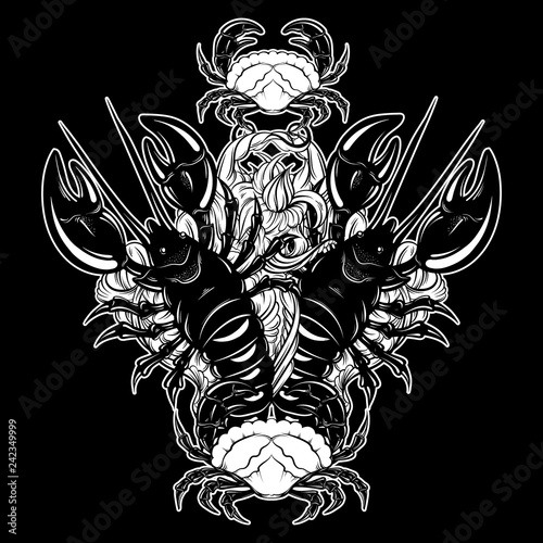 Vector hand drawn  illustration of lobster and crab in realistic style isolated.  Hand sketched artwork with animal. Tattoo art.  Template for card poster banner print for t-shirt.