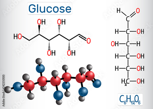 Glucose (dextrose, D-glucose) molecule. Linear form. Structural chemical formula and molecule model photo