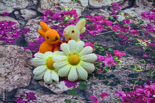 Easter decoration with flowers and bunnies photo